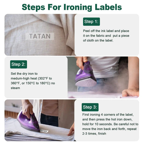 Steps for ironing black on white half inch fabric iron on label tape set 3 pack, showing application on shirt with iron.