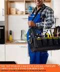 Black tool tote with yellow-trim pockets and metal hardware carried by a worker in blue overalls.