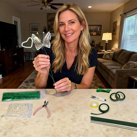 Dope DIY Floral Craft Kit With ABS Pearls, metal wire, flower stems, scissors, pliers, rolls displayed on a table with user