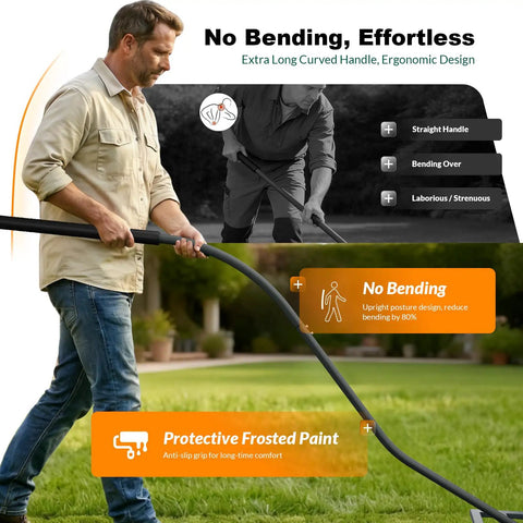 Man using Heavy Duty Lawn Leveling Rake With Ergonomic Back Saving Handle on grass
