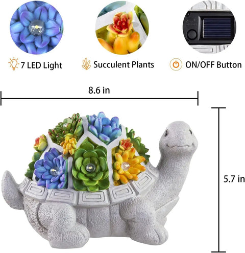 Solar Powered Turtle Garden Statue With 7 LED Lights, featuring colorful succulents, outdoor decor, 8.6 x 5.7 inches, no wires needed