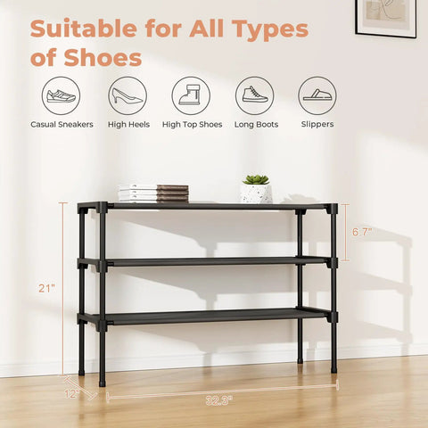 Wide 32.3 Inch 3 Tier Shoe Rack For Entryway And Bedroom Holds 16 Pairs Space Saver Corner Organizer Stackable Metal Frame