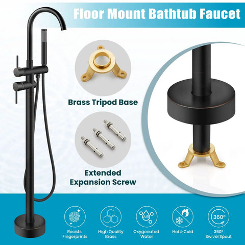 Floor Mount Bathtub Faucet High Flow Freestanding Tub Filler With 360 Degree Swivel Gooseneck Spout And Cylindrical Handheld Spray