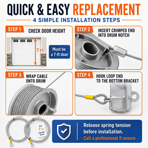 Heavy Duty Garage Door Cable Replacement Kit For 8.6 Foot Doors One Eighth Inch Galvanized Steel Cable installation steps