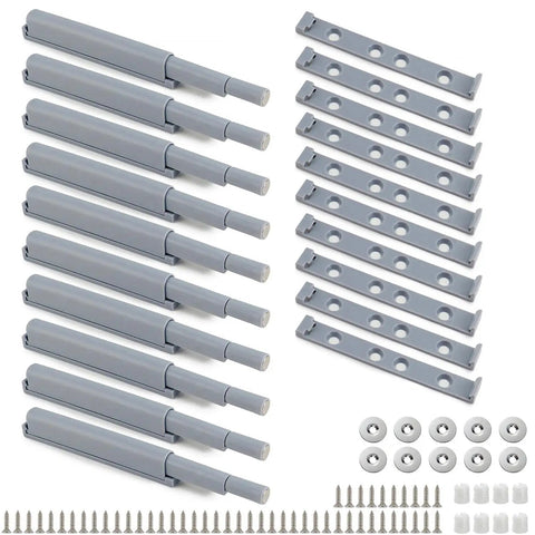 Push To Open Door Opener Latch With Screws 20 Pack Soft Close Cabinet Damper Hardware For Kitchen Drawers and Furniture Doors showing gray sprinloaded catches and mounting screws.