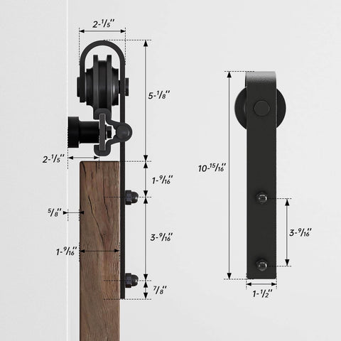 Side view of Six Foot Sliding Barn Door Hardware Kit for Double Doors with measurements shown, carbon steel J shape hangers.