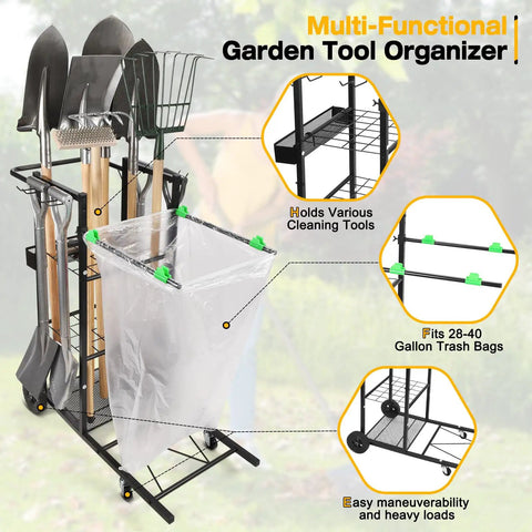 Mobile Trash Bag Holder And Tools Organizer Cart 2 In 1 With Metal Frame On 360 Degree Wheels For Leaves Snow
