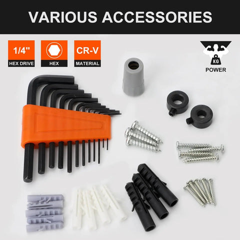 Various accessories from 200-Piece Drill And Driver Bit Set With HSS And CR-V Bits, including hex keys and screws.
