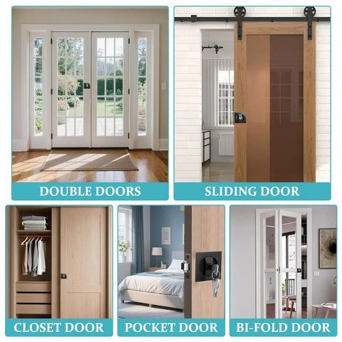 Visualization of various door types including sliding, pocket, bifold, and double doors, featuring pocket door lock with key.