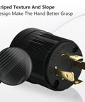 Locking NEMA L14-30P Generator Plug For 30A 125/250V with striped texture and slope design for better grip, close-up view.