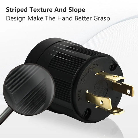 Locking NEMA L14-30P Generator Plug For 30A 125/250V with striped texture and slope design for better grip, close-up view.