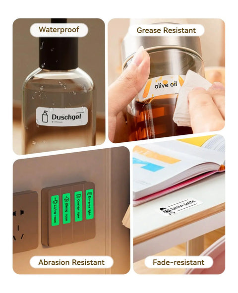 Labels from D110 Bluetooth Label Maker applied on bottles, containers, and surfaces, showing waterproof, grease, fade and abrasion resistance.