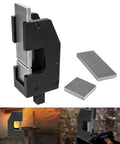 Guillotine Tool For Blacksmithing And Tinsmithing, Boss Grade Fuller And Shoulder Cutter, shown with steel components and base.