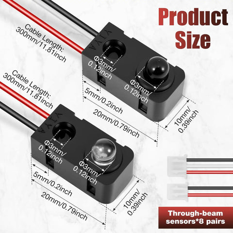 8 Pcs IR Break Beam Sensor Kit With 5mm LEDs Counting Module Through Beam Photoelectric Switch, wire length and dimensions displayed.