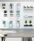 Wall with 12 Pack Slatwall Storage Organizer Set With 6 Slatwall Boxes And 6 Cups, Transparent Containers With Metal Hooks