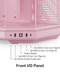 Front I/O panel of Modern Gaming Pc Case Featuring Panoramic Glass And Sleek Dual Chambers Built For Stress Free Atx Builds Fueled By Lightning Airflow Through Tidy Wire Runs Includes A Flossy PCIe 4.0 Riser Cable In Strawberry Pink.