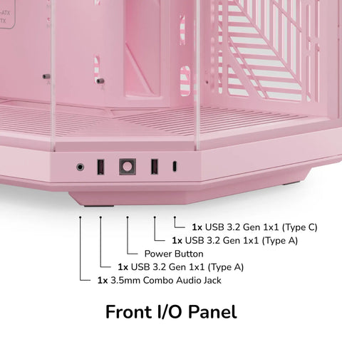 Front I/O panel of Modern Gaming Pc Case Featuring Panoramic Glass And Sleek Dual Chambers Built For Stress Free Atx Builds Fueled By Lightning Airflow Through Tidy Wire Runs Includes A Flossy PCIe 4.0 Riser Cable In Strawberry Pink.