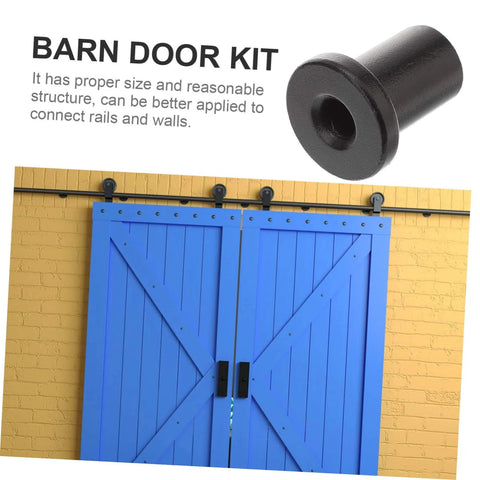 Front view of Five Piece Track Spacer Set For Sliding Barn Door Hardware, Durable High Wall Connectors, black kit on barn doors