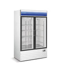 Game Changer Commercial Refrigerator With Dual Sliding Glass Doors 29 Cubic Feet Of Storage Zero Frost Headaches External Digital Thermostat Controls And Eight Adjustable Wire Racks Finished In Bright White, front view with doors open.