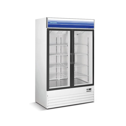 Game Changer Commercial Refrigerator With Dual Sliding Glass Doors 29 Cubic Feet Of Storage Zero Frost Headaches External Digital Thermostat Controls And Eight Adjustable Wire Racks Finished In Bright White, front view with doors open.