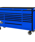 Kickass 72 Inch Triple Bank Rolling Tool Cabinet With 17 Heavy Duty Ball Bearing Drawers Quick Release Handles High Gloss Powder Coat Finish Garage Shop Storage visible from side angle with blue finish and multiple drawers.