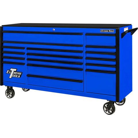 Kickass 72 Inch Triple Bank Rolling Tool Cabinet With 17 Heavy Duty Ball Bearing Drawers Quick Release Handles High Gloss Powder Coat Finish Garage Shop Storage visible from side angle with blue finish and multiple drawers.
