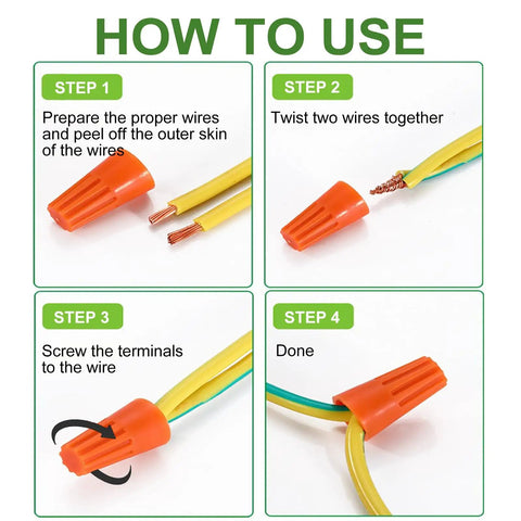 255 Piece Wire Cap Connector Kit For 22 To 10 AWG Insulating Twist On Connectors installation steps with orange cap