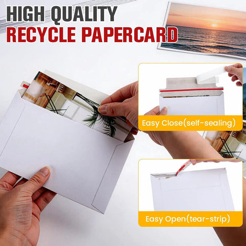 Close-up of 240 Pack Rigid Card Mailers for Trading Card Shipping, showing easy open tear-strip and self-sealing feature.