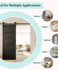 30 Inch By 84 Inch Sliding Barn Door With Hardware Kit Black Finish Sleek Modern Five Lite Panel Waterproof PVC Surface Pre Drilled For Quick Assembly Durable Primed MDF Core Ideal For Rustic Farmhouse And Modern Home Makeovers in home setting with interior view.