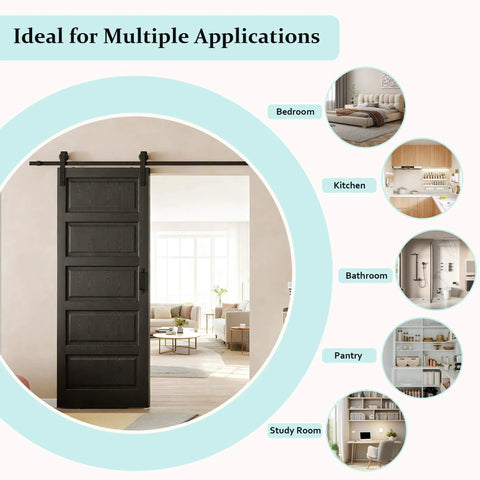 30 Inch By 84 Inch Sliding Barn Door With Hardware Kit Black Finish Sleek Modern Five Lite Panel Waterproof PVC Surface Pre Drilled For Quick Assembly Durable Primed MDF Core Ideal For Rustic Farmhouse And Modern Home Makeovers in home setting with interior view.