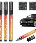 Weatherproof Car Scratch Removal Pen Kit With Fine Tip Brush For Precise Touch Ups Easy Auto Paint Repair For All Car Colors And Surfaces Includes Three Pens To Fix Light Scratches And Chips Like A Pro shown with a black car and close-up of scratches.