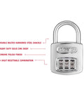 All Weather Chrome 3 Dial Combination Padlock With Resettable Lock Heavy Duty Hardened Steel Construction Anti Cut Plate Includes 2 Keys For Everyday Lockup with features labeled