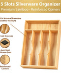 Premium Bamboo Kitchen Drawer Organizer Nine Inch Silverware Tray with five slots and reinforced corners for utensils.