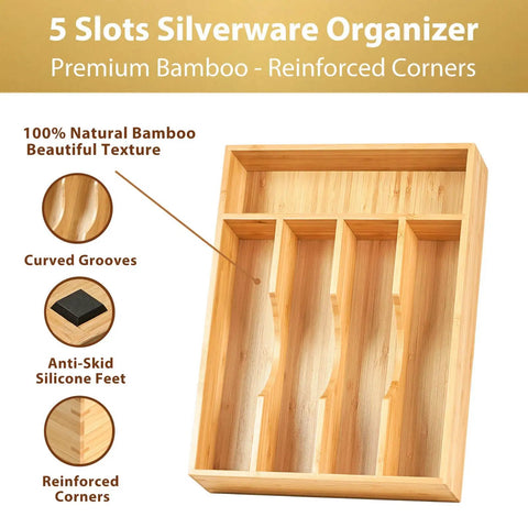 Premium Bamboo Kitchen Drawer Organizer Nine Inch Silverware Tray with five slots and reinforced corners for utensils.