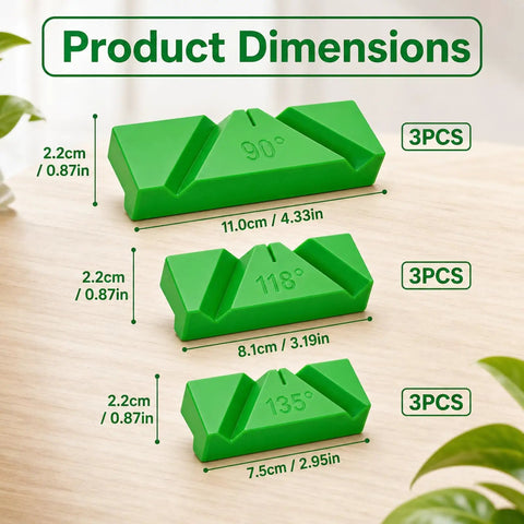 Top Grade Knockout Drill Bit Sharpening Jig Kit With Three Adjustable Angle Blocks For Bench Grinders And No Sweat Woodworking Tool Restoration Workflows Shop Side showing product dimensions on three green angle blocks.