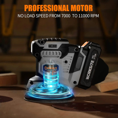 20V Max Cordless Random Orbital Sander 5 Inch Variable Speed Hand Sander With 2Ah Battery Charger glowing motor