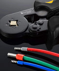 Ferrule Crimping Tool Kit Pro Grade With Secure Wire Ferrule Nylon Case And 160 Electrical Wire Connectors in use, showing grip and ferrules.