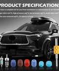 33 Piece Car AC Valve Core Kit DIY Friendly With High And Low Pressure Caps Valve Stem Cores Removal Tool And R134A R12 Compatible AC Tools shown with vehicle and tool details.