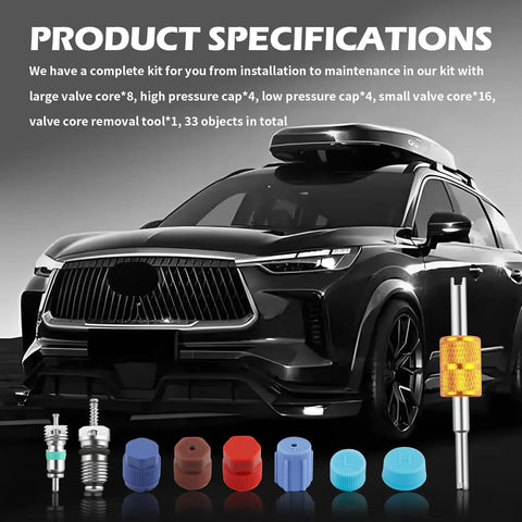 33 Piece Car AC Valve Core Kit DIY Friendly With High And Low Pressure Caps Valve Stem Cores Removal Tool And R134A R12 Compatible AC Tools shown with vehicle and tool details.