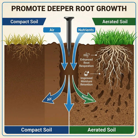 Illustration showing benefits of using 15 Thick Spikes Lawn Aerator Tool With Weldless U Shaped Handle for aerated soil health