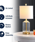Brass Gold And Clear Glass Table Lamp With White Linen Drum Shade, Glam Transitional Bedside Light, LED Bulb Included, UL Listed