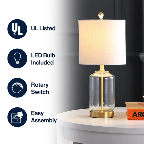 Brass Gold And Clear Glass Table Lamp With White Linen Drum Shade, Glam Transitional Bedside Light, LED Bulb Included, UL Listed