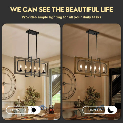 Rustic Farmhouse Chandelier For Dining Room Six Light Wood Pendant Light For Kitchen Island Over Table Classic Rustic Wood Ceiling Fixture shown illuminated over dining table, showcasing warm ambience.
