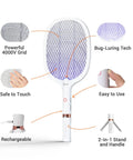 Beast Electric Fly Zapper Racket 4000 Volt Bug Killer with Rechargeable 1800mAh Battery, USB Stand, and Swatter Design.