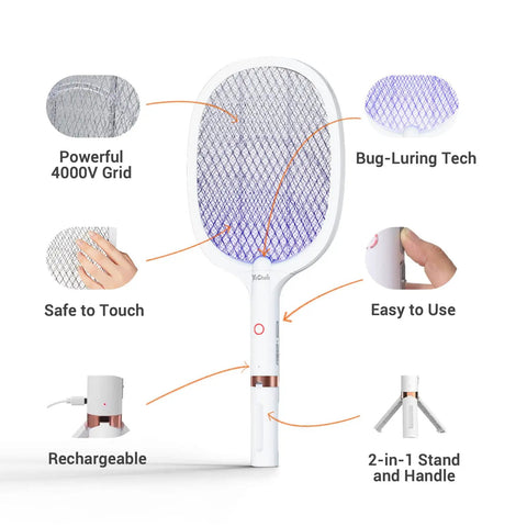 Beast Electric Fly Zapper Racket 4000 Volt Bug Killer with Rechargeable 1800mAh Battery, USB Stand, and Swatter Design.