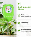 Green soil moisture meter with gauge in plant pot, All In One Soil Moisture Meter For Plants With 25 pH Test Strips Sample Tube And Guide.