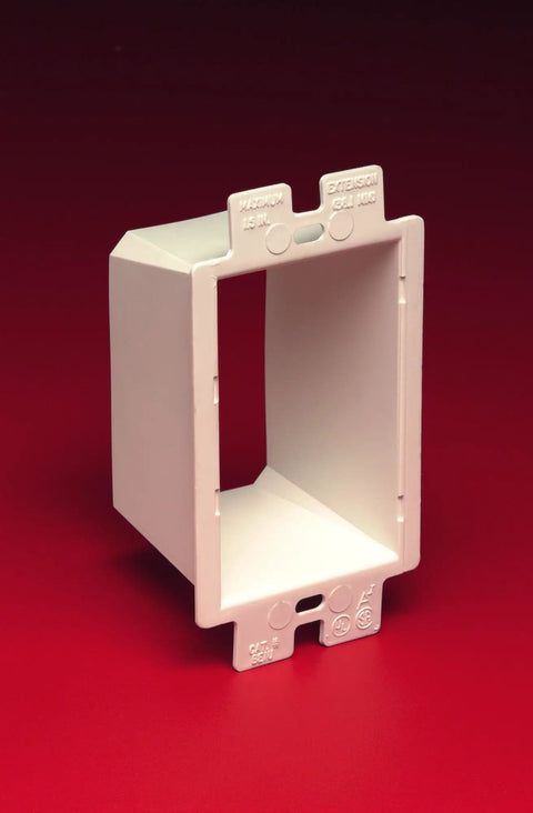 Box Extender For 1-Gang Electrical Outlets White 5-Pack Extends Backset Up To 1-1/2 Inches on red background
