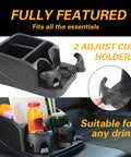 Universal Vehicle Console Organizer With Two Adjustable Cup Holders, Phone Holder, fits between seats, black, in use with items