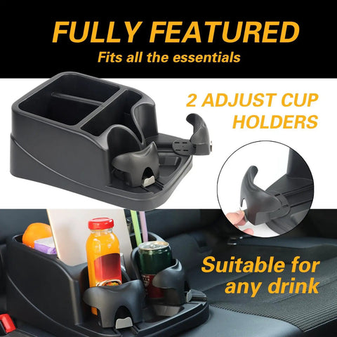 Universal Vehicle Console Organizer With Two Adjustable Cup Holders, Phone Holder, fits between seats, black, in use with items