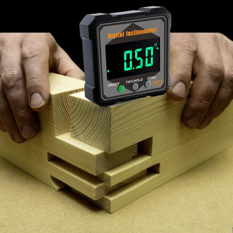 Tough As Nails Digital Angle Finder Crisp Readings Electronic Protractor measuring joint angle on wood blocks